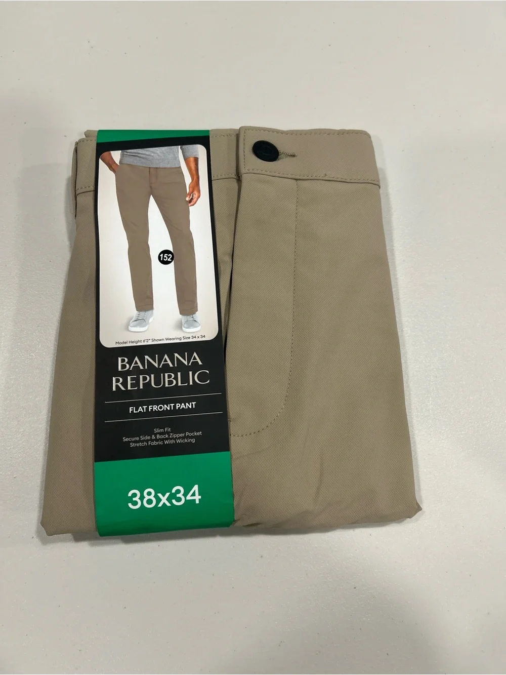 Banana Republic Mens Slim Fit Flat Front Pants Khaki Tan 38x34 Stretch Wicking